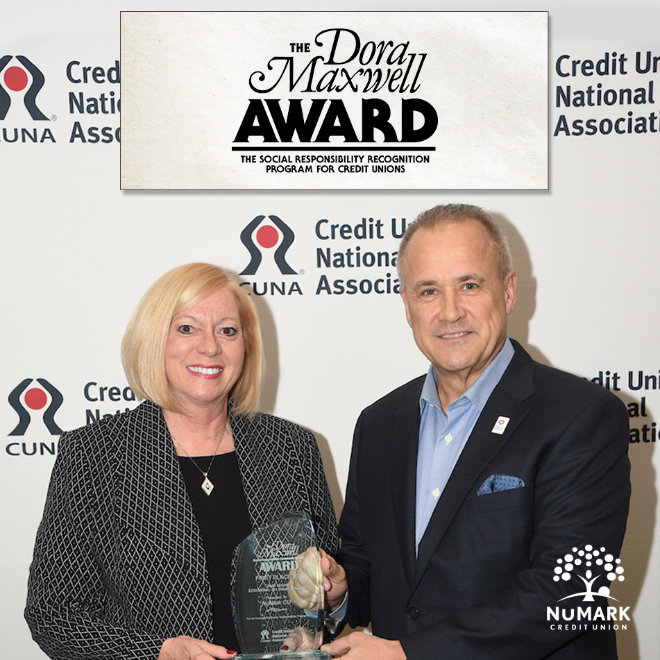 Ann M Dubie PresidentCEO of NuMark Credit Union and Jim Nussle PresidentCEO of Credit Union National Association with 2020 Dora Maxwell Award